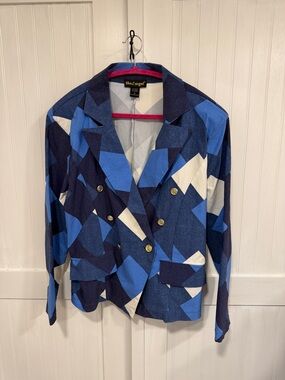 like an angel Blue Geometric Double-Breasted Blazer with White Accents size 1X